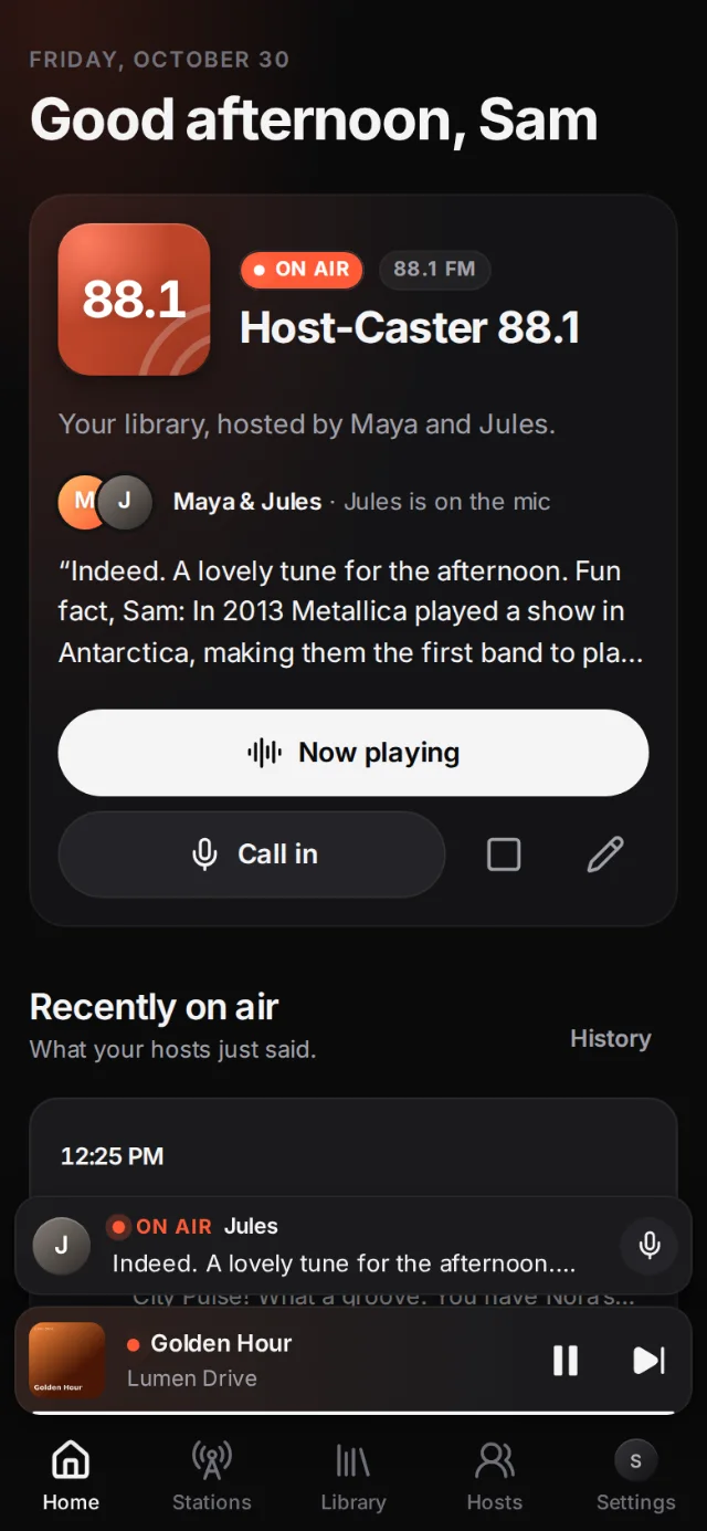 Host-Caster on air: the station Host-Caster 88.1 with hosts Maya and Jules, and what they just said